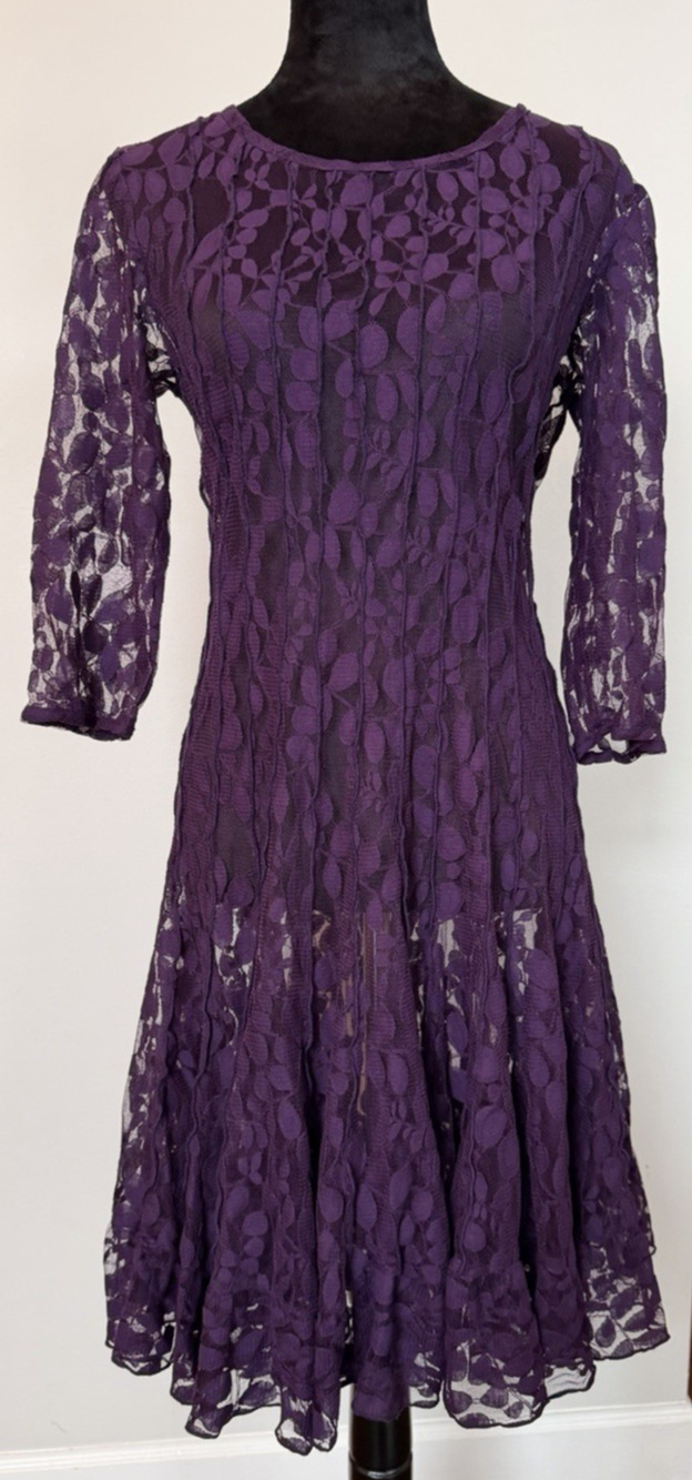 MSK Plum Purple Lace Dress Overlay Size 14 Sheer 3/4 Sleeve Fit & Flare NO LINER